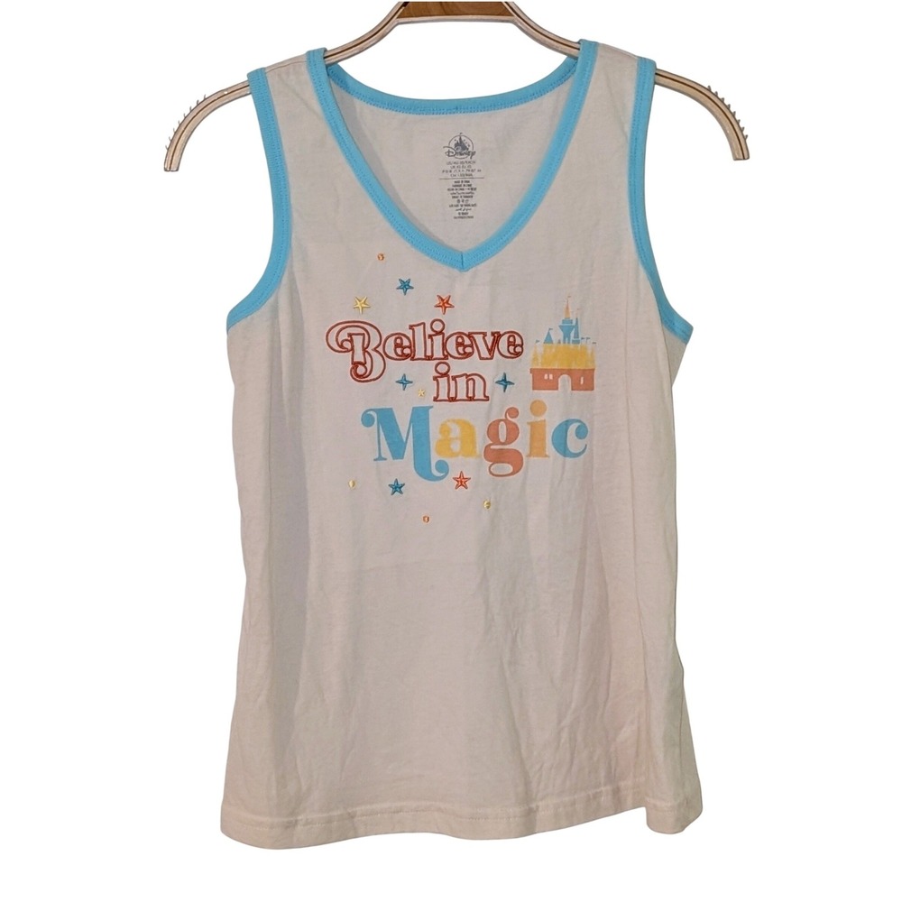 Disney Believe in Magic Castle Tank Top Women's XS Cream‎ Blue Trim V Neck NWOT